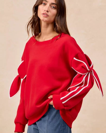 BiBi Bow Detail Sleeves Fleece Sweatshirt - Sleekdenim.com