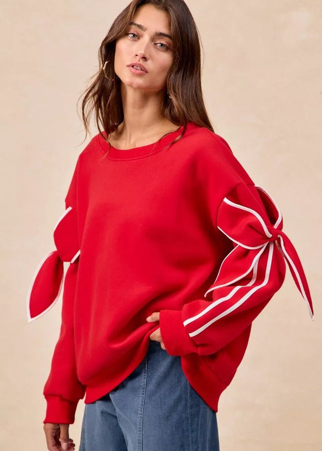 BiBi Bow Detail Sleeves Fleece Sweatshirt - Sleekdenim.com