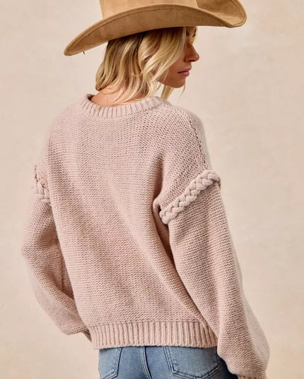 BiBi Cable Knit Sweater with Shoulder Braid Detail - Sleekdenim.com