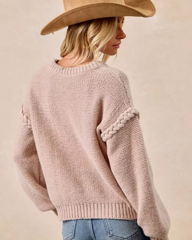 BiBi Cable Knit Sweater with Shoulder Braid Detail - Sleekdenim.com