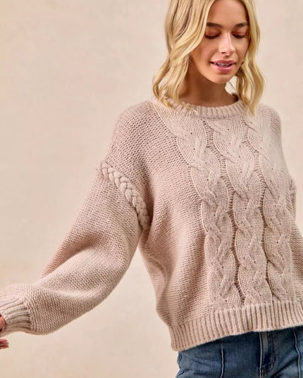 BiBi Cable Knit Sweater with Shoulder Braid Detail - Sleekdenim.com