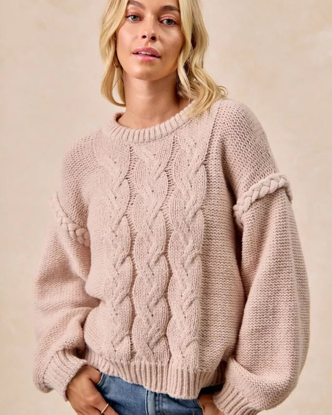 BiBi Cable Knit Sweater with Shoulder Braid Detail - Sleekdenim.com