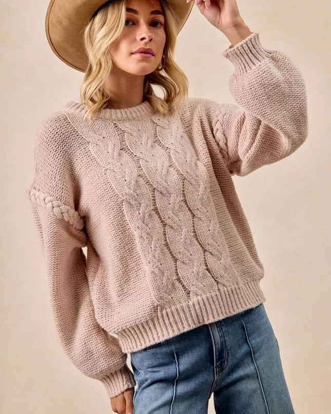 BiBi Cable Knit Sweater with Shoulder Braid Detail - Sleekdenim.com