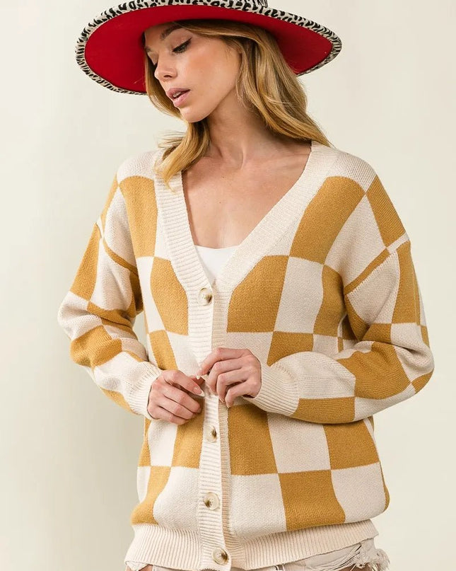 BiBi Checked V - neck Cardigan - Sleekdenim.com