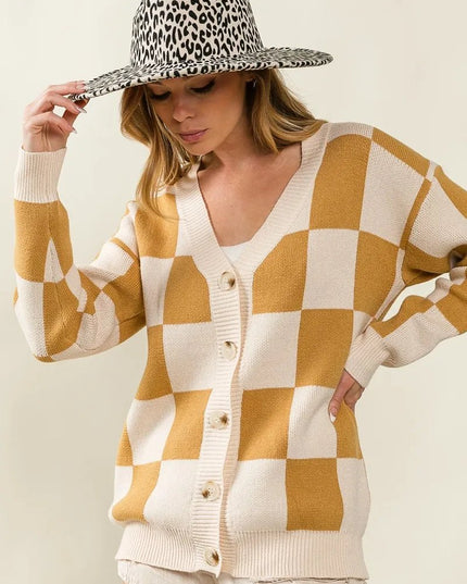 BiBi Checked V - neck Cardigan - Sleekdenim.com