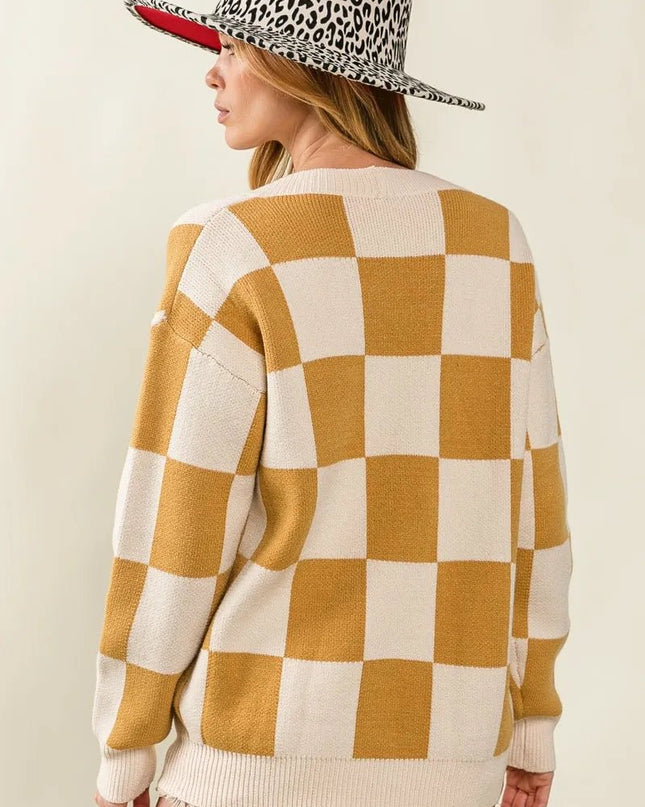 BiBi Checked V - neck Cardigan - Sleekdenim.com