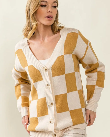 BiBi Checked V - neck Cardigan - Sleekdenim.com