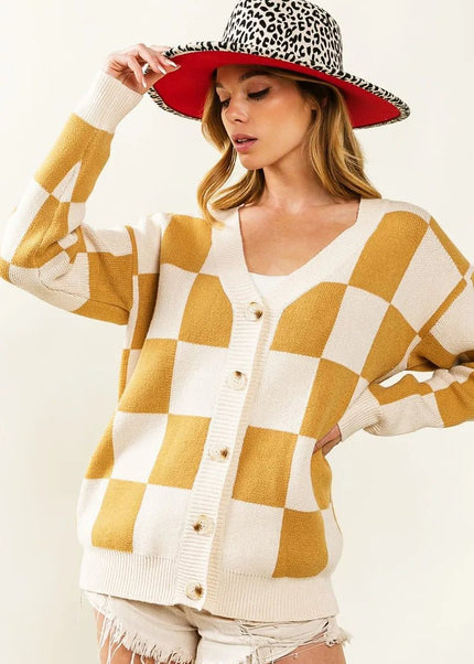 BiBi Checked V - neck Cardigan - Sleekdenim.com