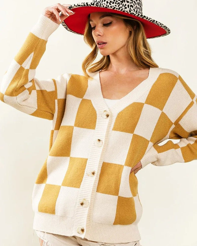 BiBi Checked V - neck Cardigan - Sleekdenim.com