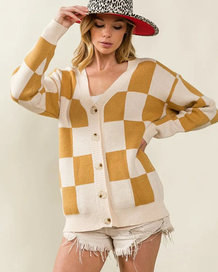 BiBi Checked V - neck Cardigan - Sleekdenim.com