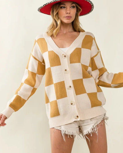 BiBi Checked V - neck Cardigan - Sleekdenim.com