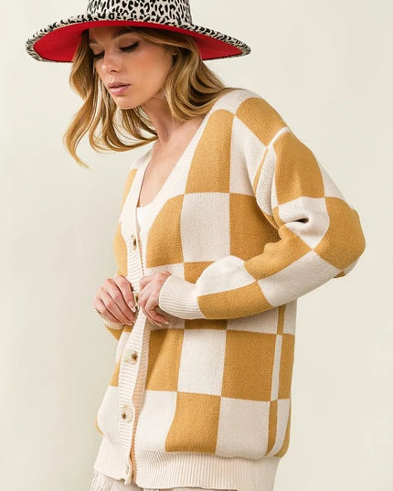 BiBi Checked V - neck Cardigan - Sleekdenim.com