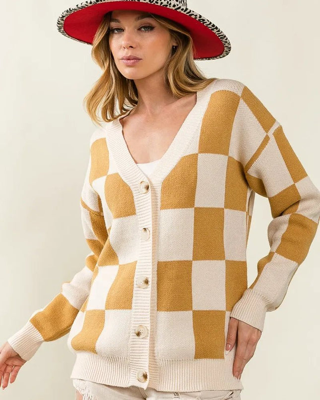 BiBi Checked V - neck Cardigan - Sleekdenim.com