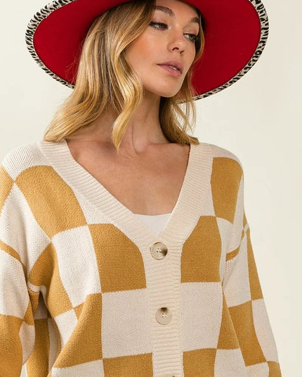 BiBi Checked V - neck Cardigan - Sleekdenim.com