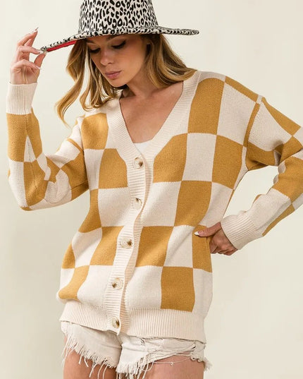 BiBi Checked V - neck Cardigan - Sleekdenim.com