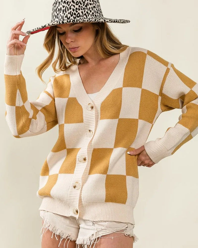 BiBi Checked V - neck Cardigan - Sleekdenim.com