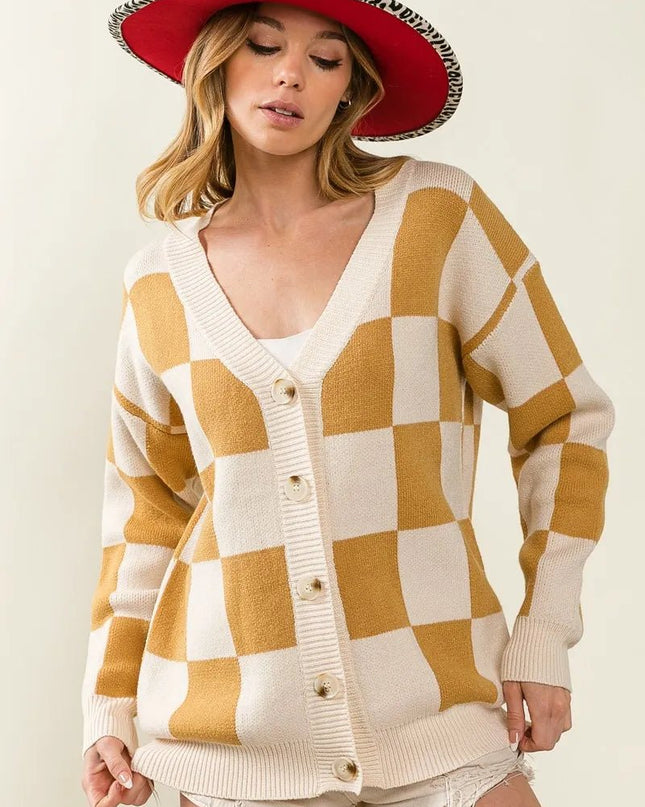 BiBi Checked V - neck Cardigan - Sleekdenim.com