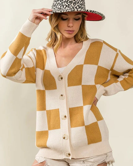 BiBi Checked V - neck Cardigan - Sleekdenim.com