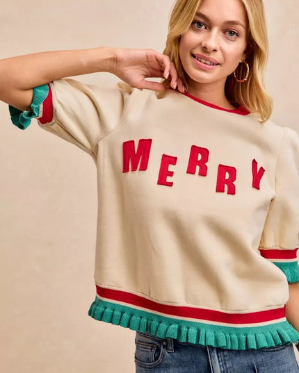 BiBi Christmas Merry Letter Patches Contrast Banded Top - Sleekdenim.com