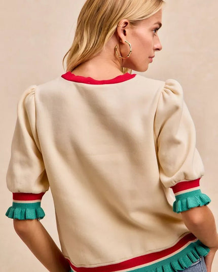 BiBi Christmas Merry Letter Patches Contrast Banded Top - Sleekdenim.com