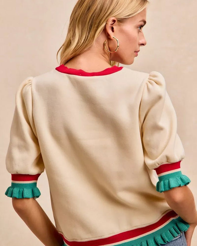 BiBi Christmas Merry Letter Patches Contrast Banded Top - Sleekdenim.com