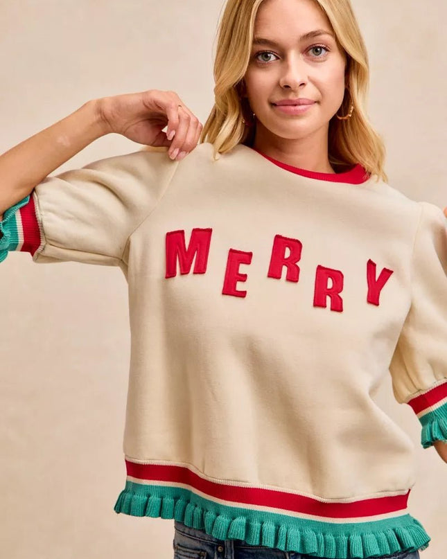 BiBi Christmas Merry Letter Patches Contrast Banded Top - Sleekdenim.com