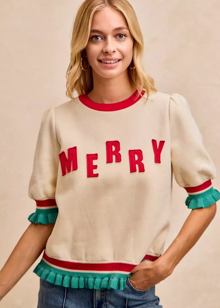 BiBi Christmas Merry Letter Patches Contrast Banded Top - Sleekdenim.com