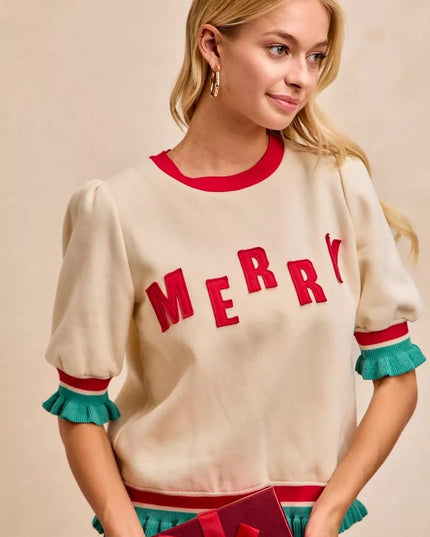 BiBi Christmas Merry Letter Patches Contrast Banded Top - Sleekdenim.com