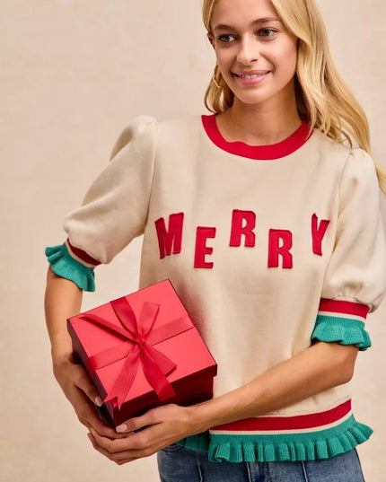 BiBi Christmas Merry Letter Patches Contrast Banded Top - Sleekdenim.com