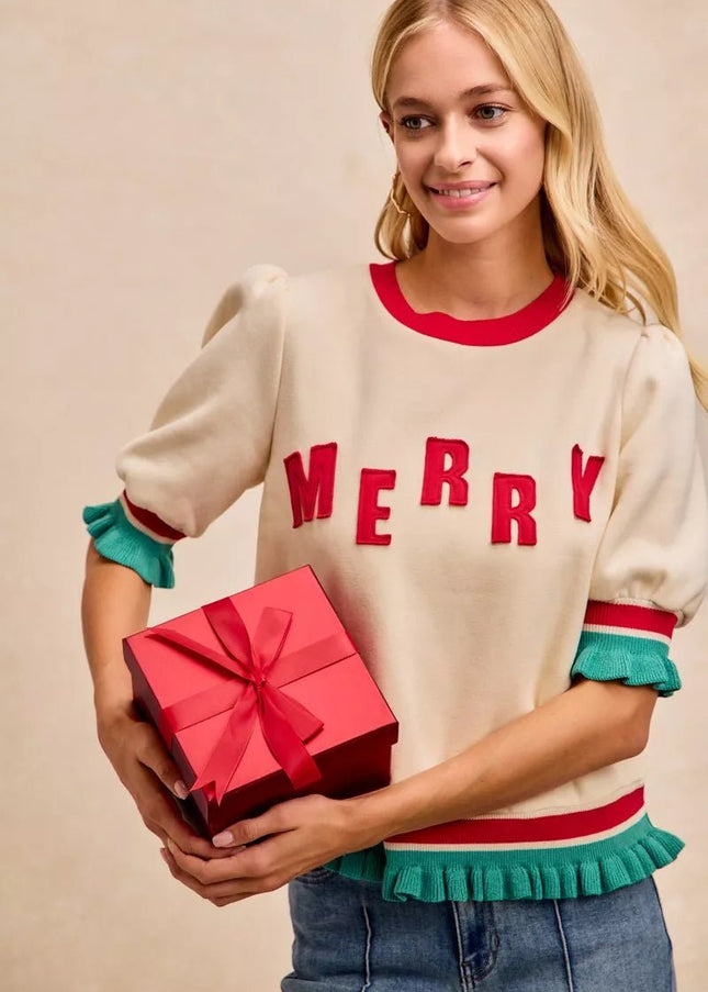 BiBi Christmas Merry Letter Patches Contrast Banded Top - Sleekdenim.com