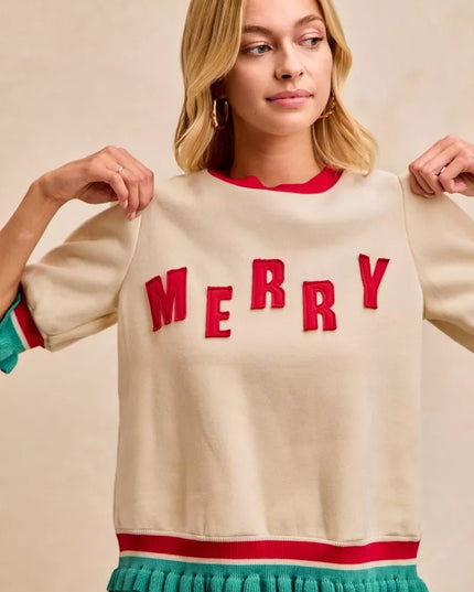BiBi Christmas Merry Letter Patches Contrast Banded Top - Sleekdenim.com