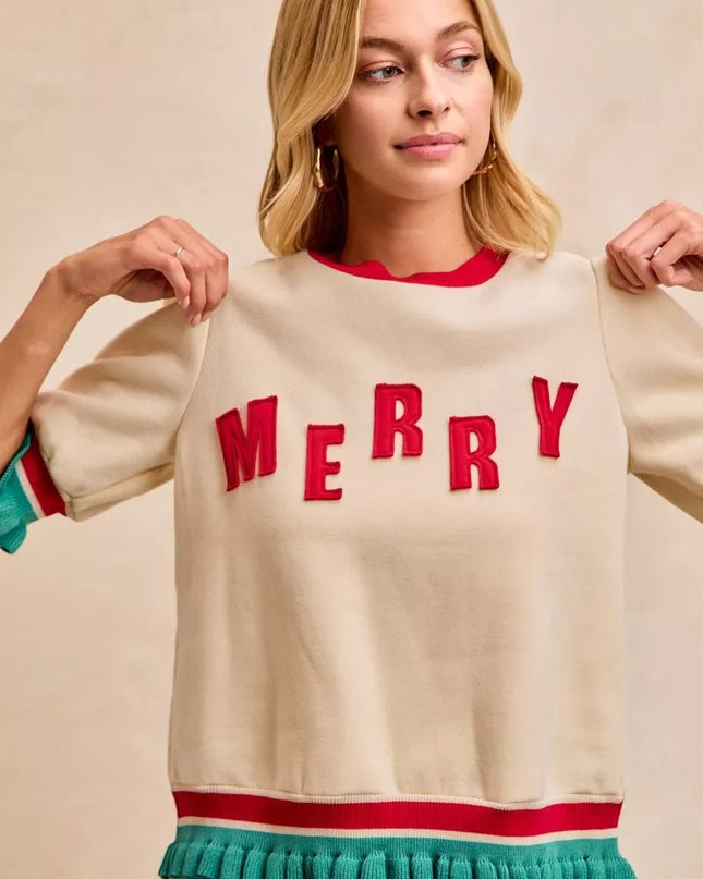 BiBi Christmas Merry Letter Patches Contrast Banded Top - Sleekdenim.com