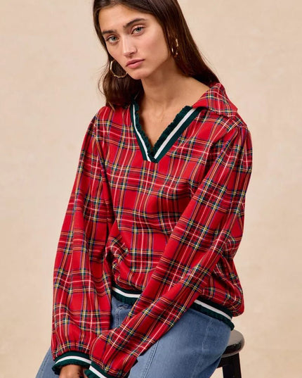 BiBi Christmas Plaid Collared Top with Ruffled Detail - Sleekdenim.com