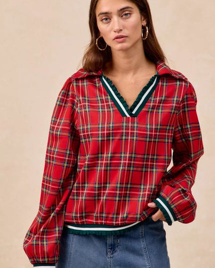 BiBi Christmas Plaid Collared Top with Ruffled Detail - Sleekdenim.com