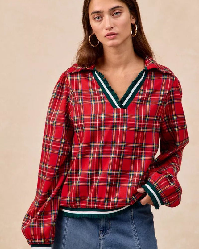BiBi Christmas Plaid Collared Top with Ruffled Detail - Sleekdenim.com
