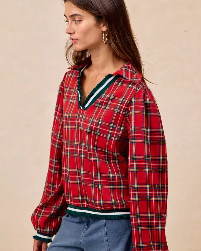 BiBi Christmas Plaid Collared Top with Ruffled Detail - Sleekdenim.com