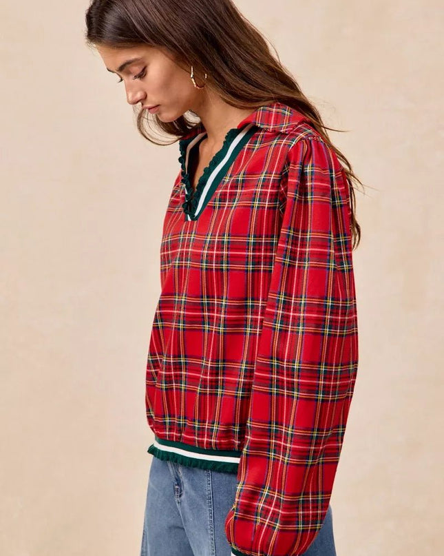 BiBi Christmas Plaid Collared Top with Ruffled Detail - Sleekdenim.com