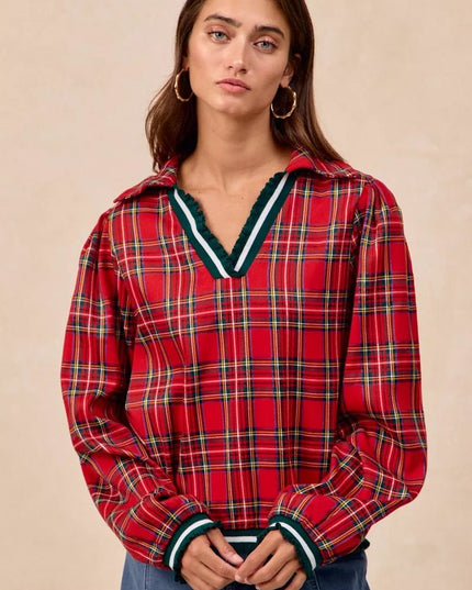 BiBi Christmas Plaid Collared Top with Ruffled Detail - Sleekdenim.com
