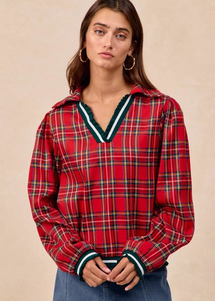 BiBi Christmas Plaid Collared Top with Ruffled Detail - Sleekdenim.com