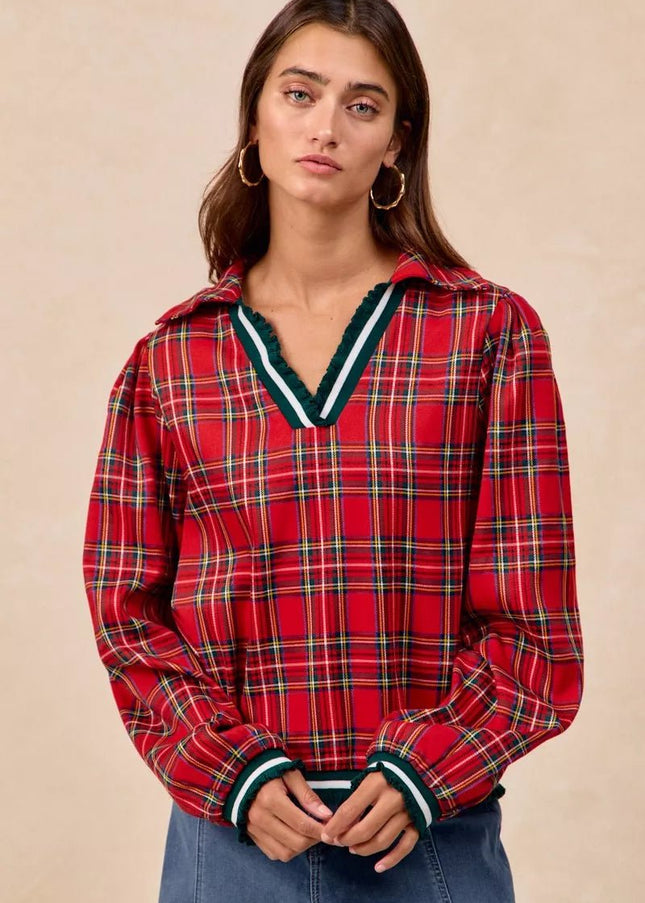 BiBi Christmas Plaid Collared Top with Ruffled Detail - Sleekdenim.com
