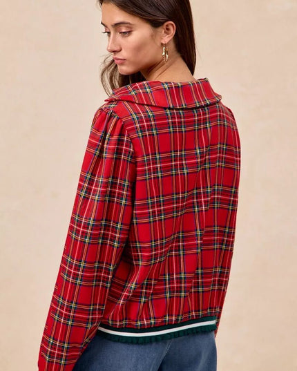 BiBi Christmas Plaid Collared Top with Ruffled Detail - Sleekdenim.com