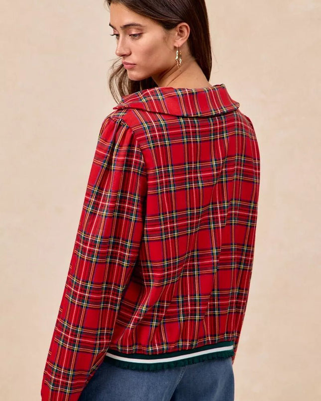 BiBi Christmas Plaid Collared Top with Ruffled Detail - Sleekdenim.com