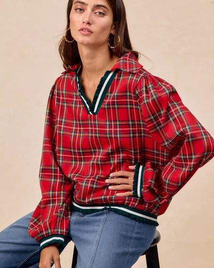 BiBi Christmas Plaid Collared Top with Ruffled Detail - Sleekdenim.com