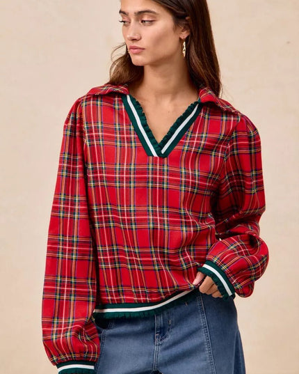 BiBi Christmas Plaid Collared Top with Ruffled Detail - Sleekdenim.com