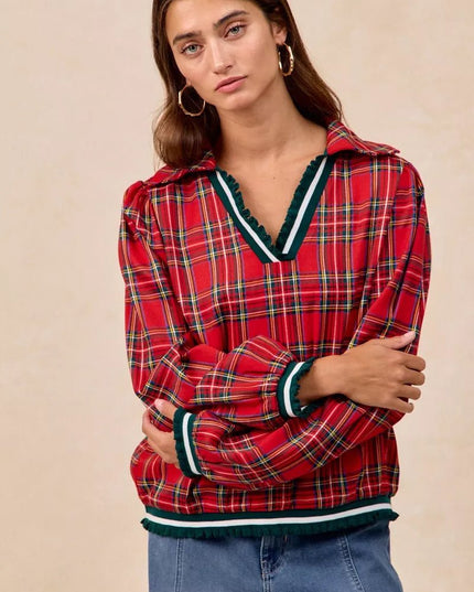 BiBi Christmas Plaid Collared Top with Ruffled Detail - Sleekdenim.com