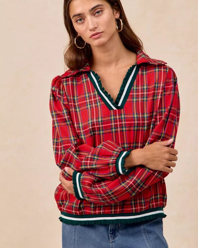 BiBi Christmas Plaid Collared Top with Ruffled Detail - Sleekdenim.com