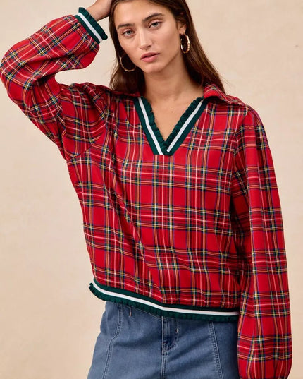 BiBi Christmas Plaid Collared Top with Ruffled Detail - Sleekdenim.com