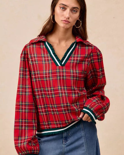 BiBi Christmas Plaid Collared Top with Ruffled Detail - Sleekdenim.com