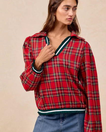 BiBi Christmas Plaid Collared Top with Ruffled Detail - Sleekdenim.com