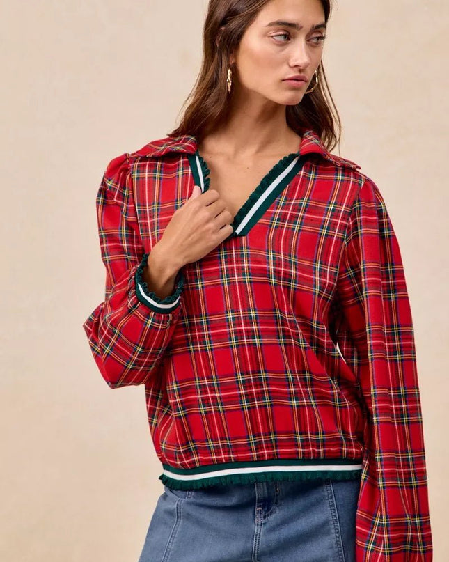 BiBi Christmas Plaid Collared Top with Ruffled Detail - Sleekdenim.com